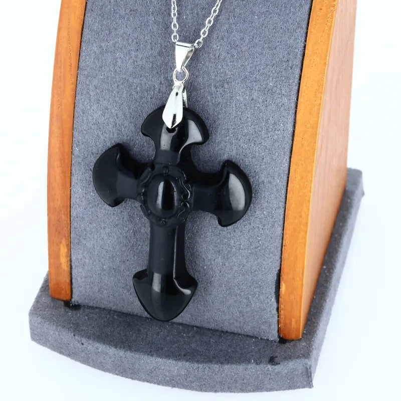 Pendentif Croix en pierre Obsidienne Noire