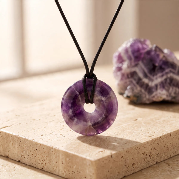 Pendentif donut en améthyste chevron violette et blanche, idée cadeau en pierre naturelle