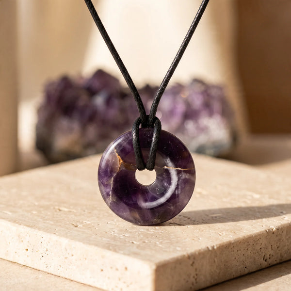 Pendentif donut en améthyste violette, pierre véritable sur cordon ciré noir