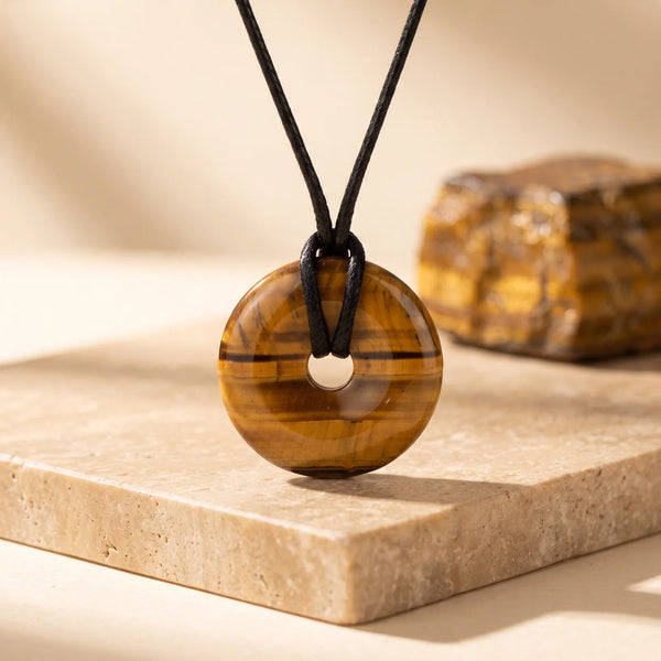 Pendentif donut en œil de tigre doré et brun, idée cadeau bijou en pierre naturelle