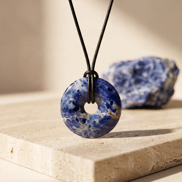 Pendentif donut en sodalite bleu profond veinée de blanc, pierre véritable sur cordon
