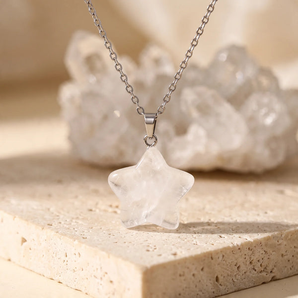 Pendentif étoile en cristal de roche transparent, idée cadeau bijou en quartz naturel