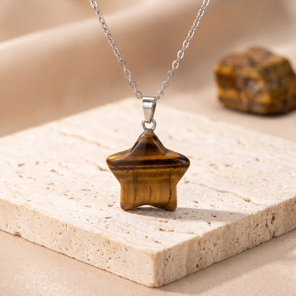 Pendentif étoile en œil de tigre doré et brun, bijou de lithothérapie en pierre naturelle