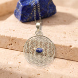 Pendentif Fleur de Vie en Argent et Pierre Naturelle — Émeraude, Améthyste ou Lapis-Lazuli