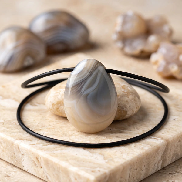 Pendentif goutte en agate du Botswana grise et crème, idée cadeau en pierre naturelle