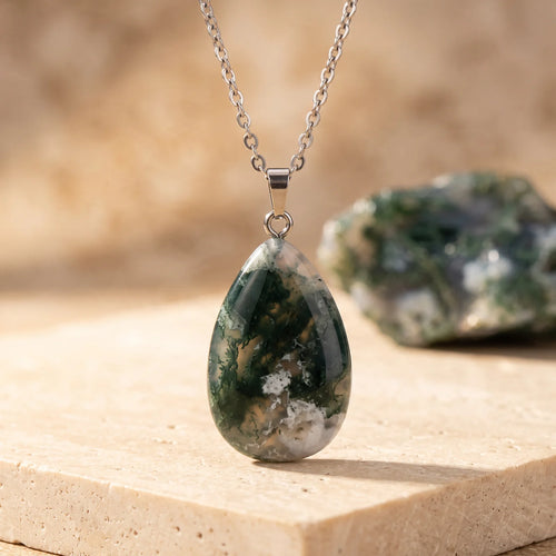 Pendentif Goutte en Agate Mousse d'Inde, Chaîne ou Cordon au Choix