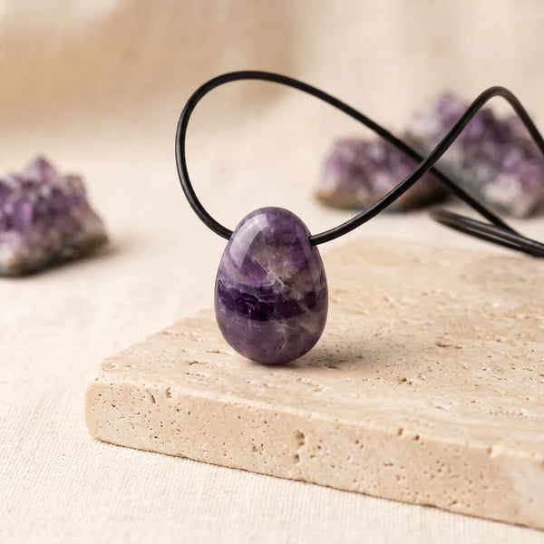 Pendentif goutte en améthyste violette veinée de blanc, pierre véritable sur cordon