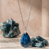 Pendentif Apatite Bleue Goutte de 32 mm, Bélière Argent 925, Chaîne ou Cordon