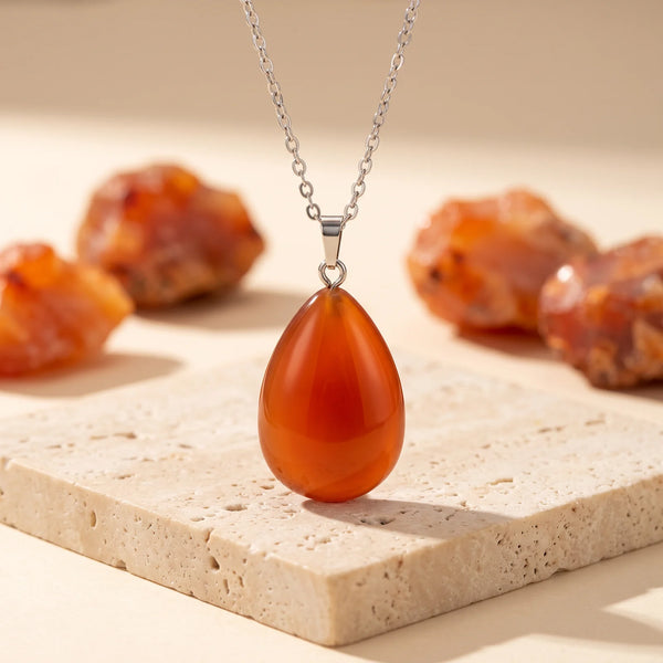 Pendentif goutte en cornaline véritable rouge orangé, bijou en pierre naturelle