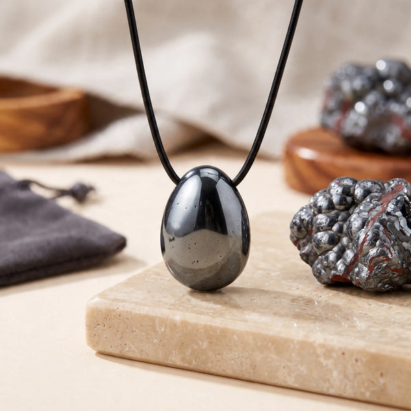 Pendentif goutte en hématite gris métallisé sur cordon, pierre véritable polie