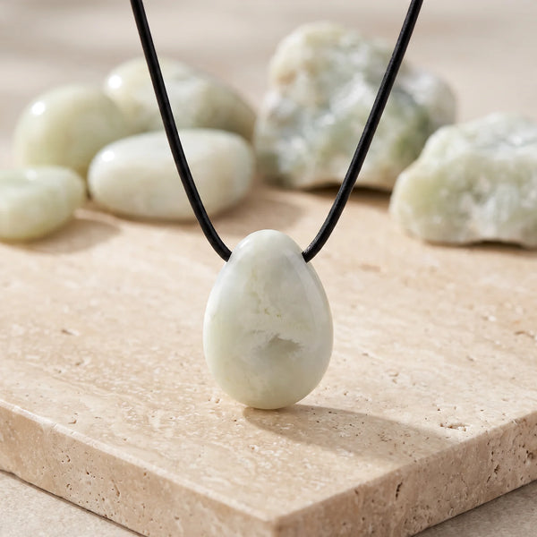 Pendentif goutte en jade de Chine vert pâle laiteux, idée cadeau bijou en pierre naturelle