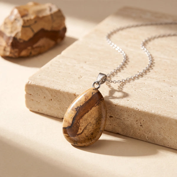 Pendentif goutte en jaspe paysage véritable, pierre beige et marron sur chaîne argentée