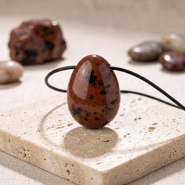 Pendentif goutte en obsidienne acajou brun rouge et noir, bijou de lithothérapie