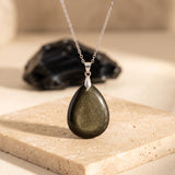 Pendentif Obsidienne Dorée en Goutte, Pierre Polie de 32 mm