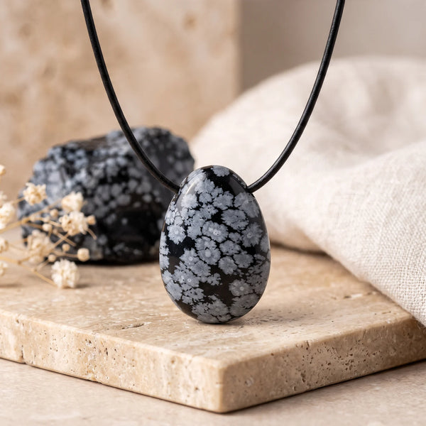 Pendentif goutte en obsidienne neige noire aux flocons gris, pierre véritable polie
