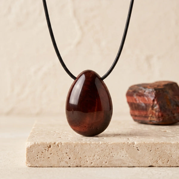 Pendentif goutte en œil de taureau rouge acajou chatoyant, bijou de lithothérapie
