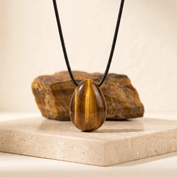 Pendentif goutte en œil de tigre doré sur cordon cuir, pierre véritable polie