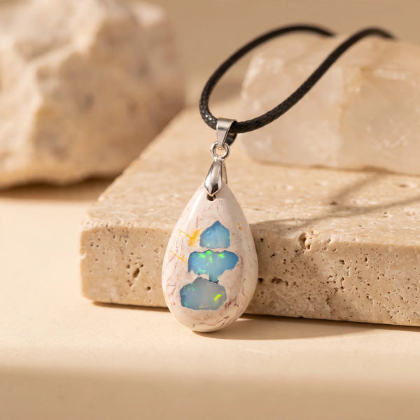 Pendentif goutte en opale bleue, bijou lithothérapie en pierre naturelle du Mexique