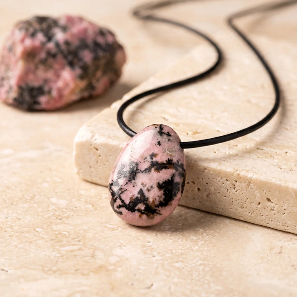 Pendentif goutte en rhodonite rose veinée de noir, bijou de lithothérapie sur cordon