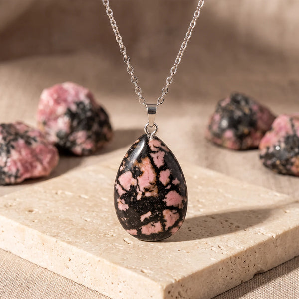 Pendentif goutte en rhodonite rose et noire, idée cadeau bijou en pierre naturelle
