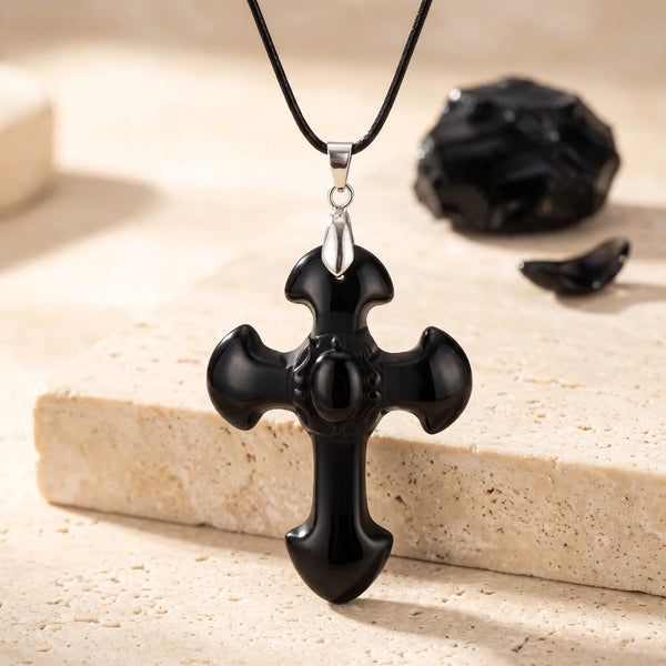 Pendentif grande croix de 5 cm en obsidienne noire véritable, bélière argentée