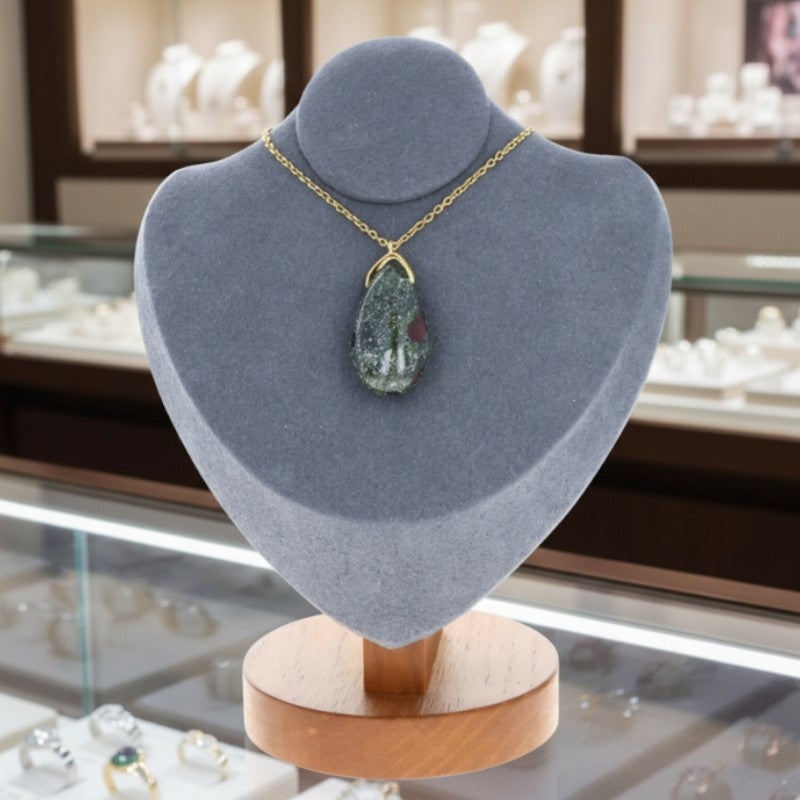 Pendentif Jaspe Sang de Dragon avec chaîne dorée 60 cm, pierre naturelle