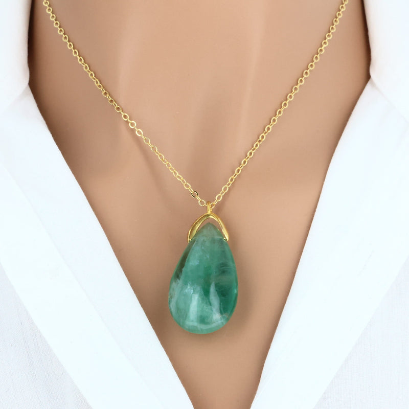 Pendentif en Fluorine Verte naturelle en forme de larme, pierre de Chine pour lithothérapie