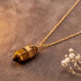 Collier Œil de Tigre Femme, Pendentif Pointe Doré