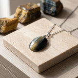 Pendentif Ovale en Œil de Faucon, Bélière Argent 925, Chaîne ou Cordon au Choix