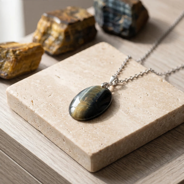 Pendentif ovale en œil de faucon véritable, pierre bleu nuit aux reflets soyeux