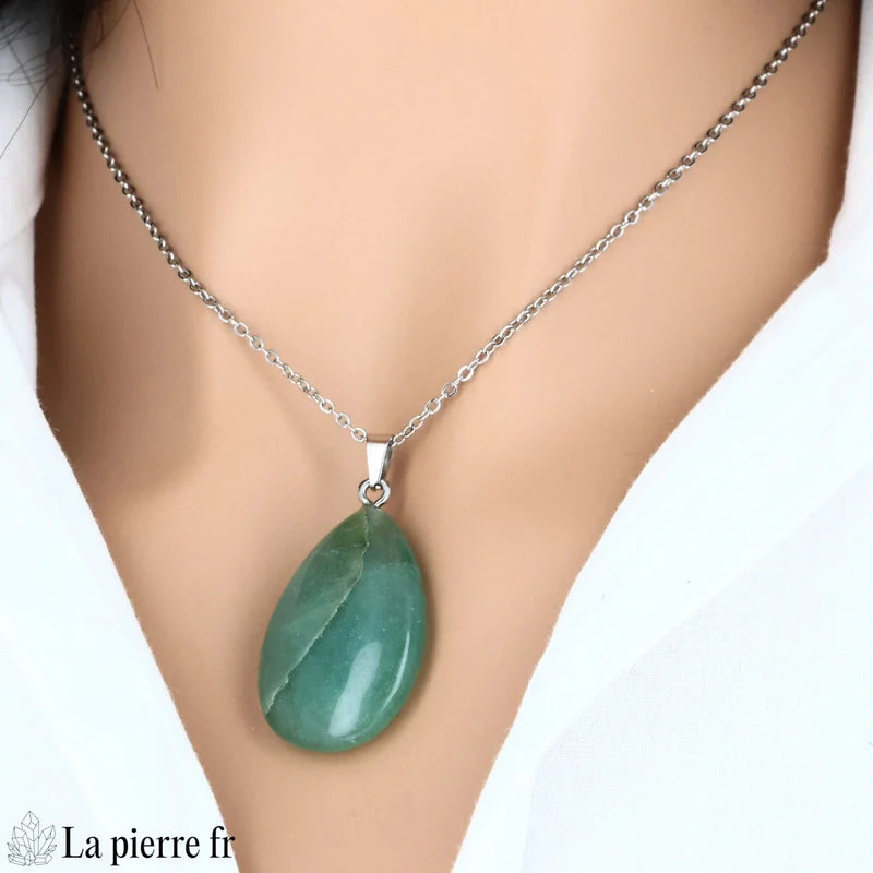 Pendentif goutte aventurine verte, bijou lithothérapie, pierre naturelle chance.