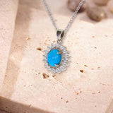 Collier Turquoise, Médaillon Ovale et 16 Zircons Blancs en Argent 925 (Heze)