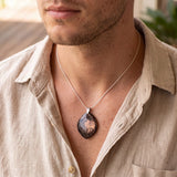 Collier Pierre de Lune Noire, Pendentif Plat Forme Libre aux Reflets Argentés