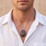 Pendentif Pierre de Lune Noire Homme et Femme, Ovale Plat, Chaîne ou Cordon