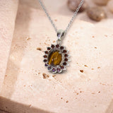 Collier Pendentif Œil de Tigre, Médaillon Ovale et 16 Zircons, Argent 925 (Alterf)