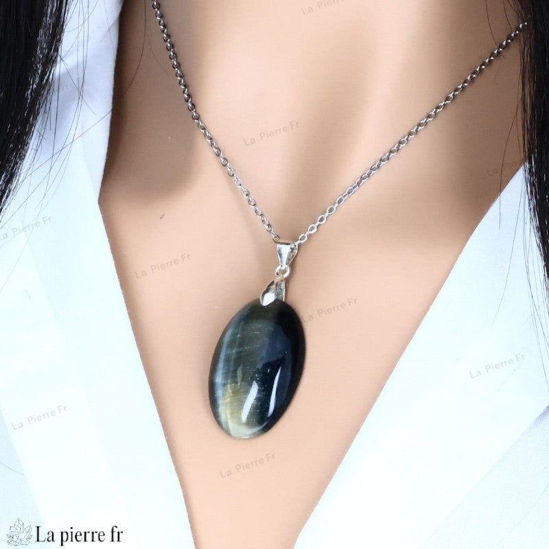 Pendentif Argent 925 Fait Main - Oeil De Tigre, Chaîne Maille Forcats Incluse