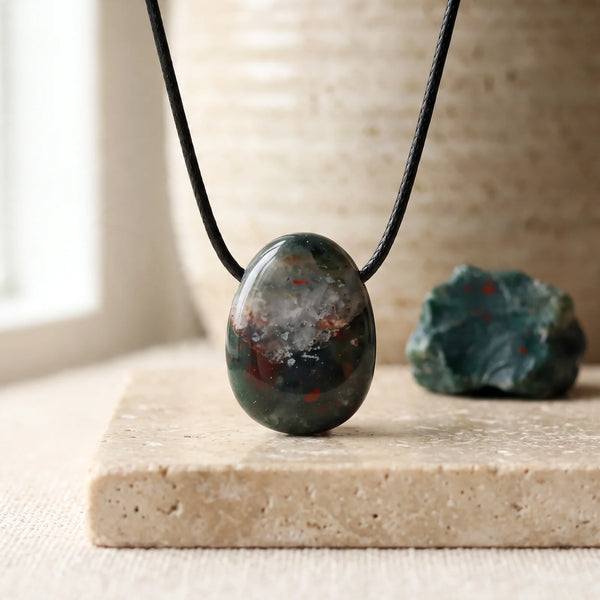 Pendentif pierre percée en jaspe héliotrope vert sombre piqueté de rouge, pierre véritable