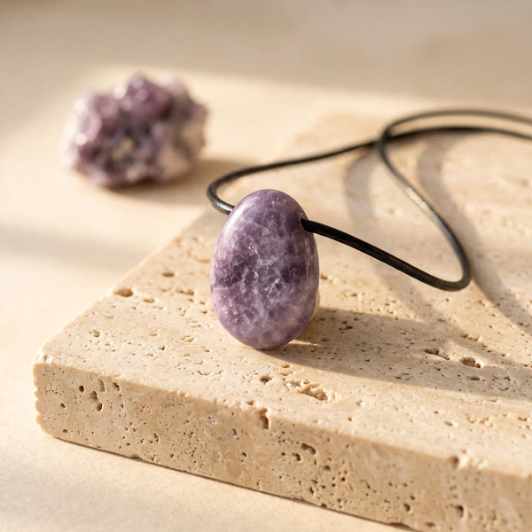 Pendentif pierre percée en lépidolite lilas, idée cadeau bijou en pierre naturelle