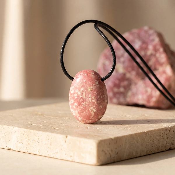 Pendentif pierre percée en thulite rose mouchetée de blanc, idée cadeau en pierre naturelle