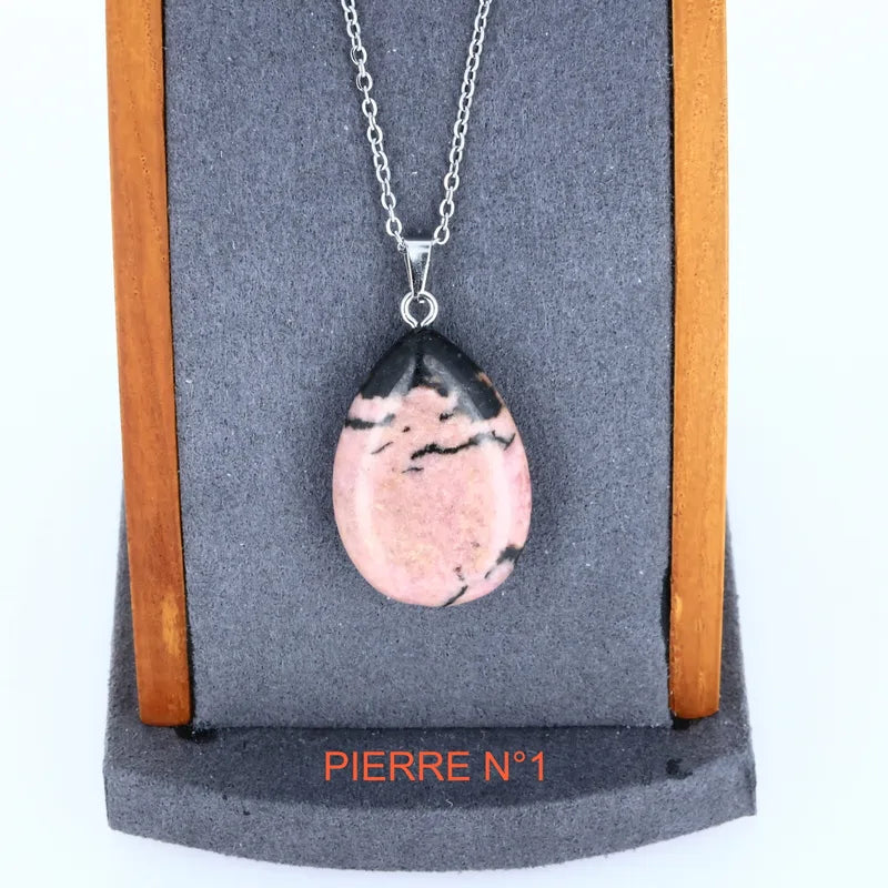 Pendentif goutte en Rhodonite, pierre naturelle rose veinée pour l'amour et la guérison émotionnelle