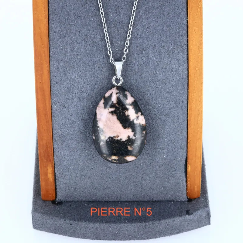 Pendentif Rhodonite en pierre naturelle, goutte polie pour collier de lithothérapie