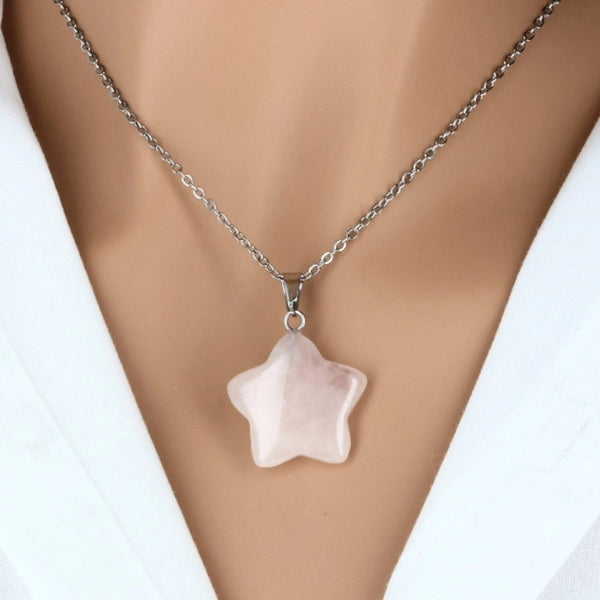 Pendentif étoile en pierre rose, quartz rose naturel