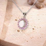 Cadeau Pendentif Quartz Rose, Médaillon Ovale et 16 Zircons Roses (Zaniah)