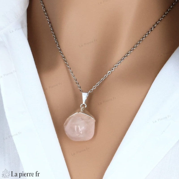 Pendentif pierre roulée rose, quartz rose naturel