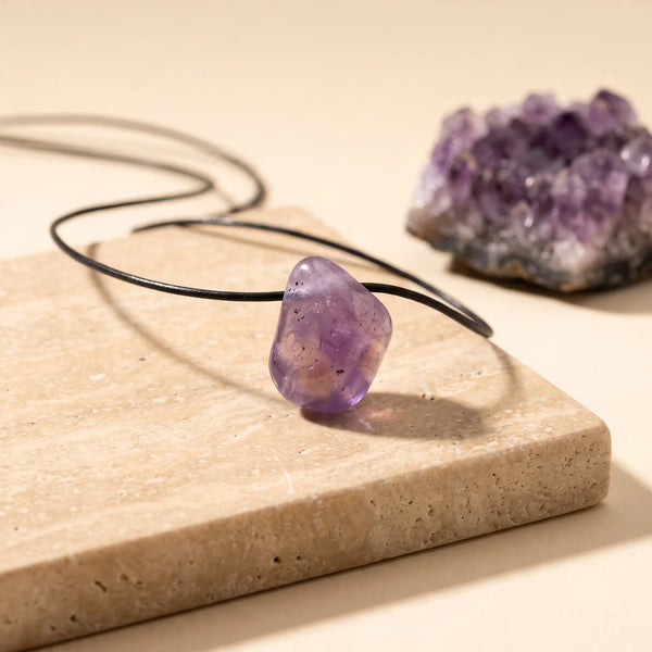 Pendentif pierre roulée percée en améthyste violette, bijou de lithothérapie sur cordon