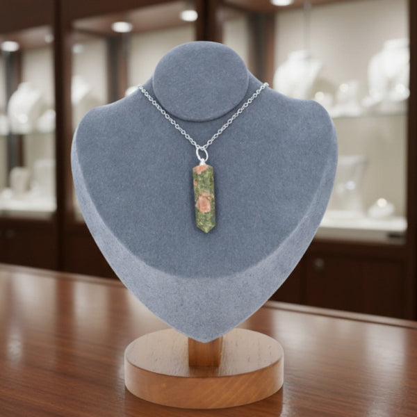 Pendentif pointe en Unakite naturelle – pierre verte et rose harmonisante