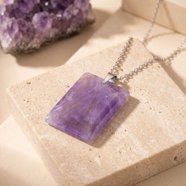 Pendentif plaque rectangle en améthyste violette, idée cadeau bijou en pierre naturelle