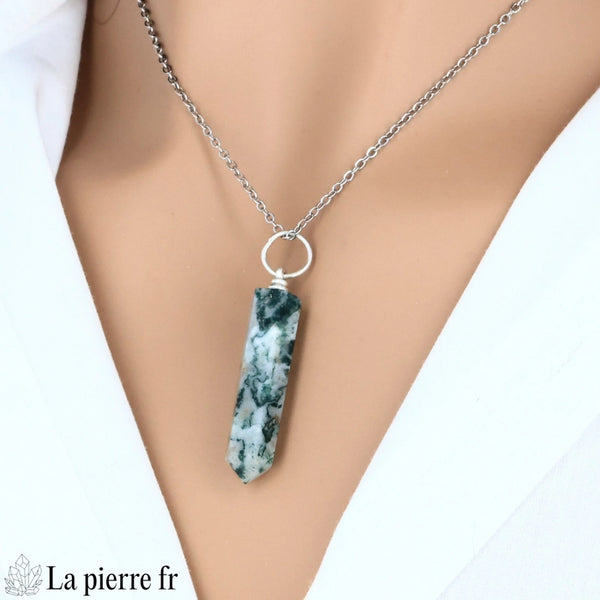 pendentif agate arbre pointe inde pierre naturelle motifs dendritiques