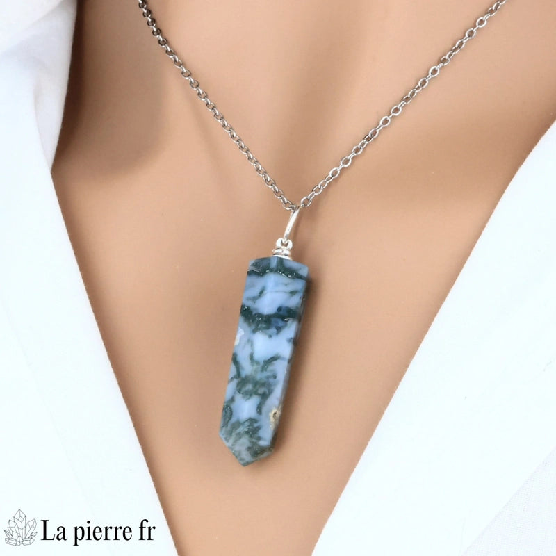 pendentif agate mousse pointe brésil pierre naturelle inclusions vertes lithothérapie