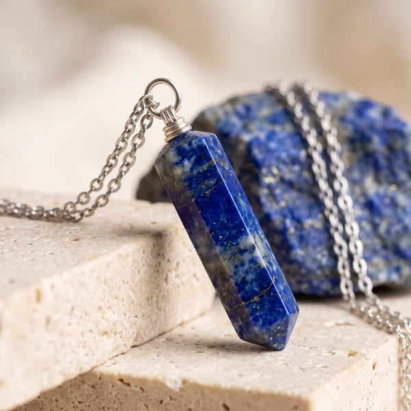 Pendentif pointe en lapis-lazuli bleu roi pailleté de pyrite, pierre véritable